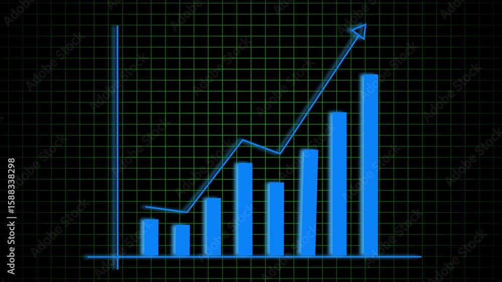 Poster animated financial chart with growing bars and increasing arrow representing upward trends. corporat