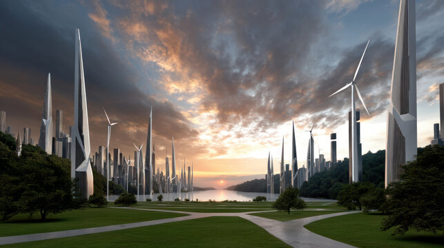 wind turbine farm, Solar panel and smart city in the background. renewable energy. sustainable and environmentally friendly.3D rendering - Powered by Adobe