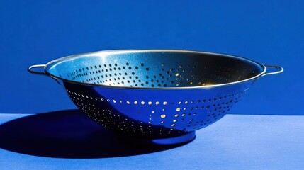 Abstract rendition highlighting the intricate details and light play on a metallic colander against a saturated sapphire background evoking a sense of minimalist kitchenware design