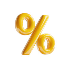 Glossy yellow percentage symbol with soft shadows on a light gray background isolated transparent background