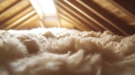 Attic insulation, close-up view of fluffy fiberglass batts filling the attic space, sunlight from a skylight.