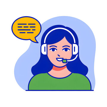 Illustrated customer service agent with headset and speech bubble against light blue background