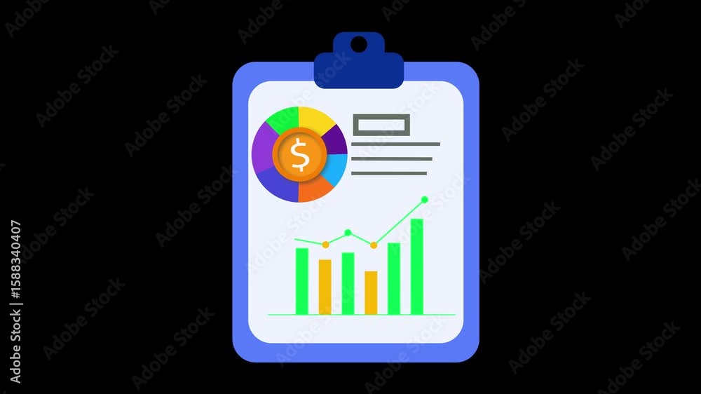 Poster finance and statistics illustrated on clipboard with charts. animated financial chart report on a bl