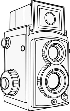 Classic twin lens reflex camera graphic featuring a clean line art style for designs