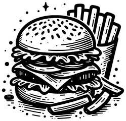 vector outline artwork of a burger and fries in black color