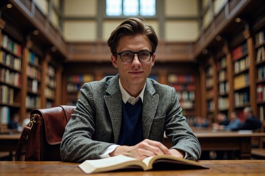Classic Charm: A Retro Photo Shoot of a Young Male Student Immersed in Study at a Majestic Historic Library