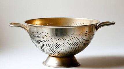 Elegant brushed metal colander with ornate handles, showcasing a harmonious balance between classic design and practical cooking, against a subtle backdrop