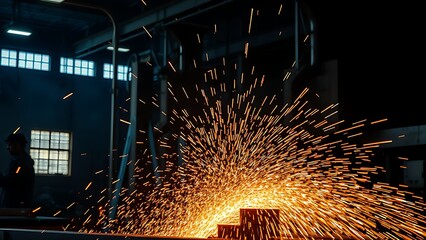 An industrial workshop with glowing sparks, showcasing dynamic energy in a dark environment.