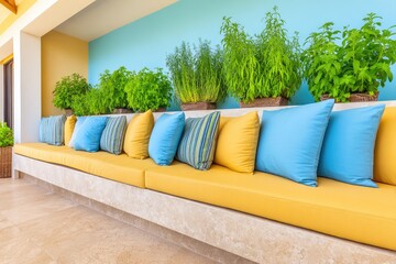 Outdoor seating area with vibrant cushions and potted herbs