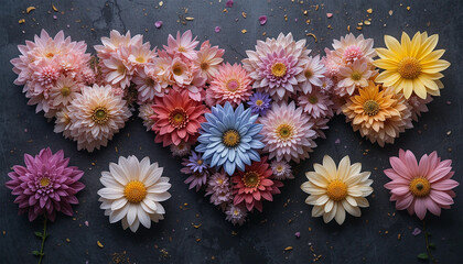 Heart-shaped arrangement of multicolored fresh daisy flowers