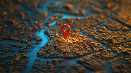Urban cityscape gps navigation with red pinpoint marker in aerial view