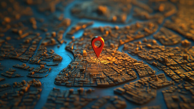 Urban cityscape gps navigation with red pinpoint marker in aerial view