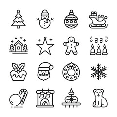 Collection of sixteen black line art Christmas icons including a Christmas tree snowman Christmas bauble sleigh winter house star gingerbread man candles Christmas pudding
