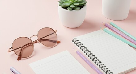 Minimal Office Desk Flat Lay with Stationery, Sunglasses, and Succulent – Clean Organized Workspace