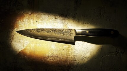 Intricate forging on a culinary blade showcases impeccable craftsmanship and design, captured with dramatic lighting against a textured backdrop hinting at tales of culinary mastery