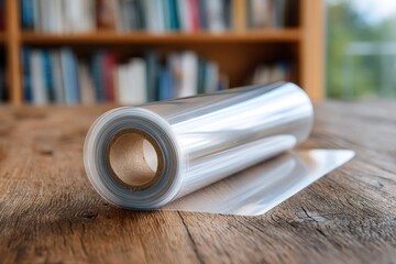 Clear plastic roll on wooden table, bookshelves blurred background
