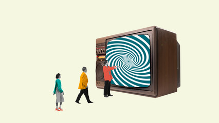 Surreal collage of hypnotized crowd watching swirling TV illusion. Concept of media manipulation,...
