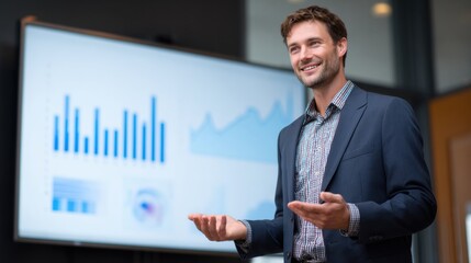 A confident man in a suit gestures while presenting data on a large screen in a modern office setting.