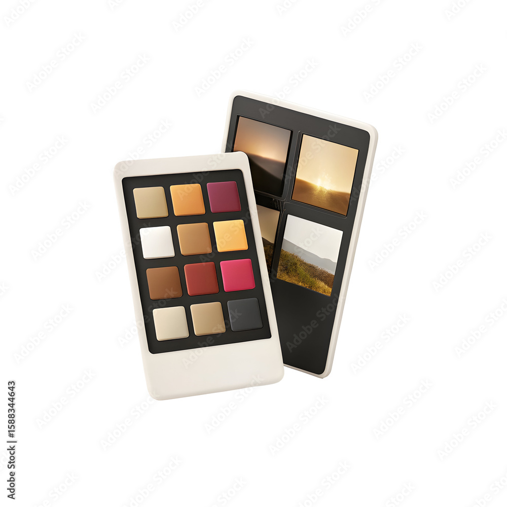 Poster digital photo editing tools with color swatches isolated on a transparent background