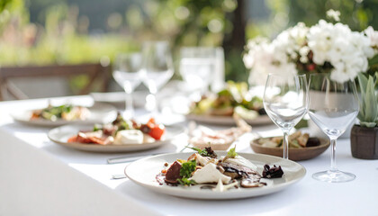 Elegant Garden Dining with Gourmet Plated Meal and Floral Surroundings.