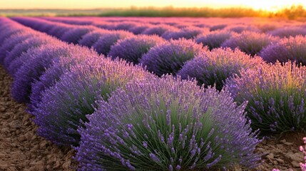 Close up rows of vibrant lavender under a warm, glowing sunset