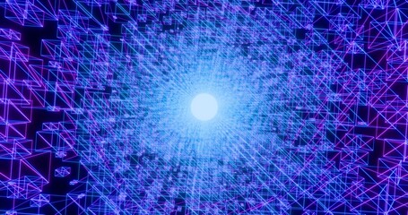 Futuristic glowing neon rotate wireframe cube background. Shining geometric blue lines inside cylinder in perspective. Bright retro digital cyberspace. 3D rendering.