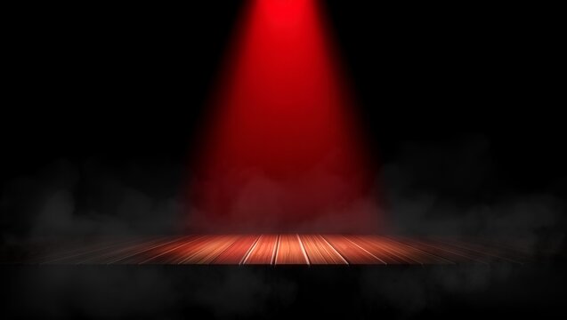 A striking red spotlight illuminates a wooden stage floor amidst ethereal, hazy smoke effects