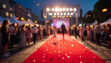 A blurred outdoor evening event features a red carpet, stage, and celebratory confetti fall.
