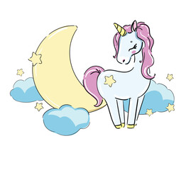 Sleeping Unicorn on Moon Hand Drawn Cute Vector Illustration