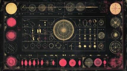 Detailed celestial map with complex astronomical diagrams and charts