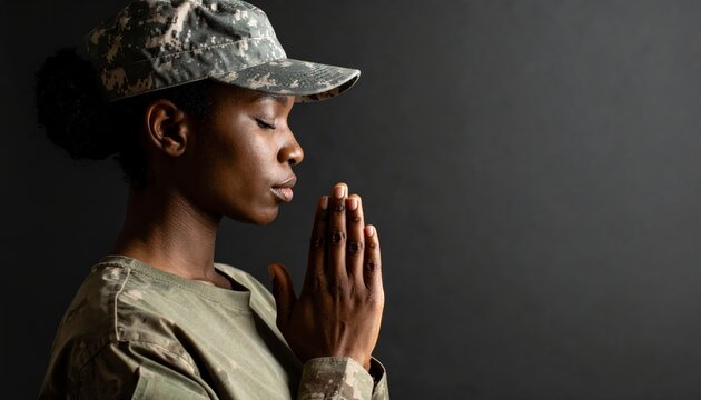 A solemn moment, African American soldier praying in quiet contemplation before battle