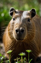 Fototapeta premium Cute Capybara Close-up in Nature Adorable Rodent Portrait Wildlife Animal