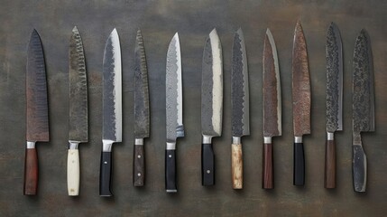 A Culinary Symphony of Blades: An Artistic Arrangement of Diverse Kitchen Knives Showcasing Craftsmanship and Precision for the Discerning Chef and Gastronomic Enthusiast