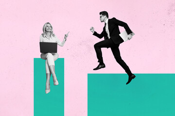Trend picture collage of people use netbook point sit geometry figure square on pink background