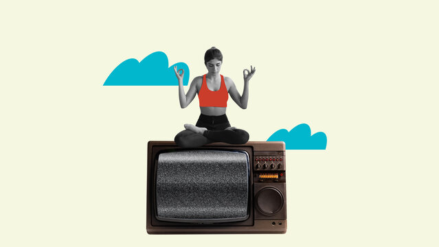 Conceptual collage of calm woman meditating on broken screen static. Concept of mindfulness, digital detox, media disconnection, and emotional reset.