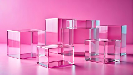 Generative AI image of abstract background of transparent glass blocks in different shapes on pink surface, 3d abstract background
