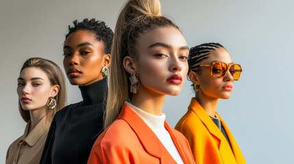 Group of young models showcasing diverse styles during a fashion event in a bright studio setting