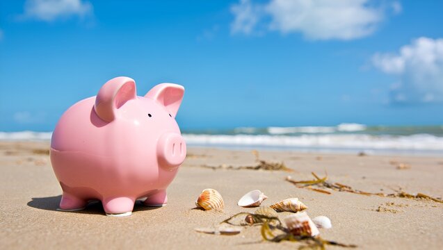 Pink piggy bank sits on a sandy beach, symbolizing saving money for a sunny vacation getaway.