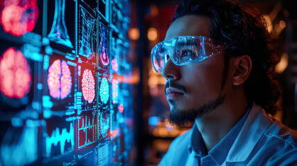 Scientist analyzing brain data with augmented reality glasses in a modern lab during evening hours