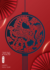 Happy Chinese new year poster with horse on red background. Translation: The first day of Chinese New Year.
