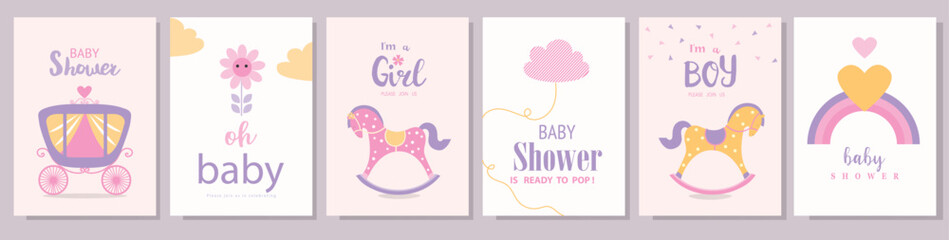Set of baby shower invitation cards,birthday, poster,template, greeting,cute, Rocking Horse,Vector illustrations.