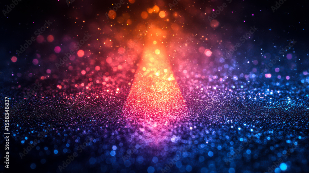 Poster bright arrow illuminated with colorful lights and sparkling particles in a dark background at night