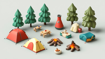 Explore the wild with a 3D icon collection of camping gear, travel essentials, and picnic adventure fun