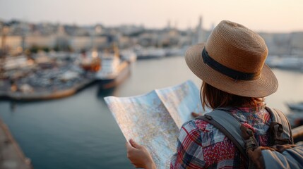 Fototapeta premium A traveler with a backpack and hat studies a map overlooking a harbor with boats and a cityscape at sunset.