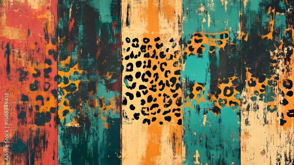 Poster abstract colorful wood panels with leopard print design background texture