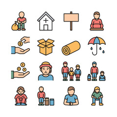 Colorful Vector Icons Depicting Homelessness Poverty Charity and Refugee Aid Including Sad People Empty Hands Donations Cardboard Box Umbrella and Family Group