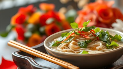 Steaming Pho noodles with fresh herbs on lacquer tray, representing Vietnam's inviting National Day cuisine.