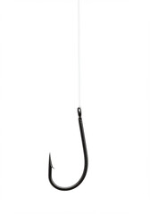 A fishing hook hangs on a line against a white background.