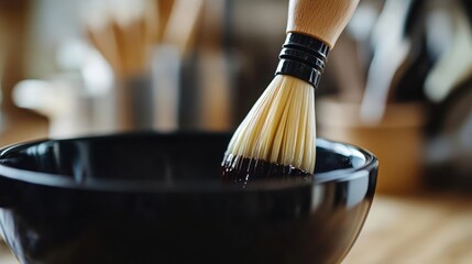 Aesthetic preparation scene featuring a shaving brush with soft bristles being dipped in dark soap lather, readying for a traditional wet shave experience in a refined setting