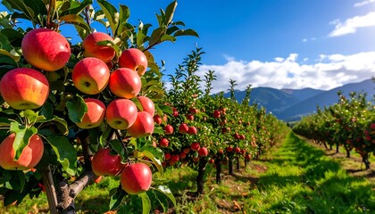 Lush apple orchard under a clear blue sky